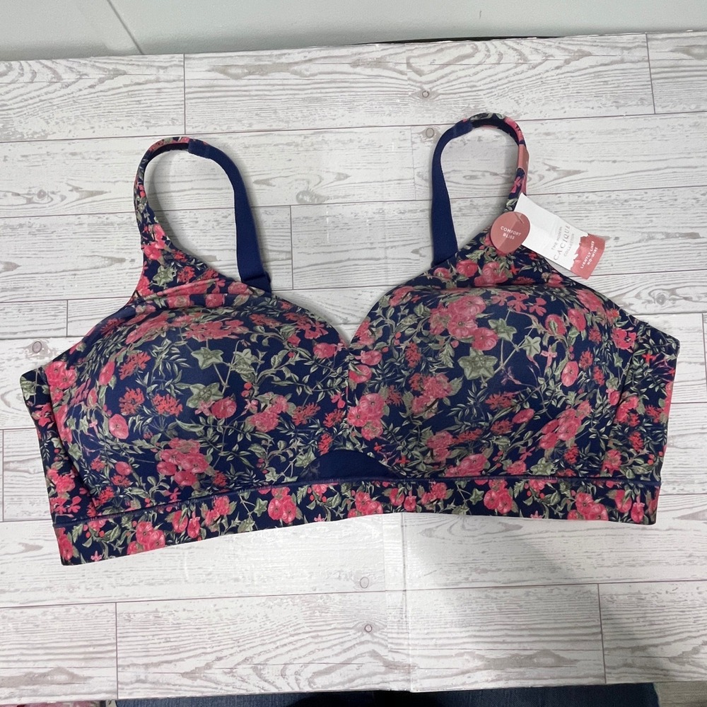 Cacique Modern Collection Comfort Bliss No-Wire Bra Floral Navy Pink 46C NEW